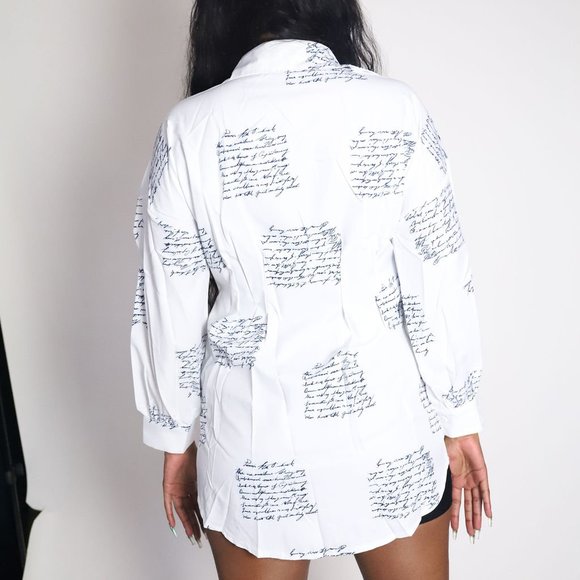 Cursive Newspaper Pattern Design Mini Long Sleeve Casual Shirt Dress,  (S-2XL) - Picture 4 of 9